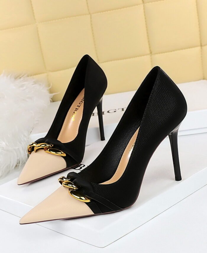 Fashion Colorblock Pointed Toe Stiletto Heel Women's Pumps with Metal Chain Detail