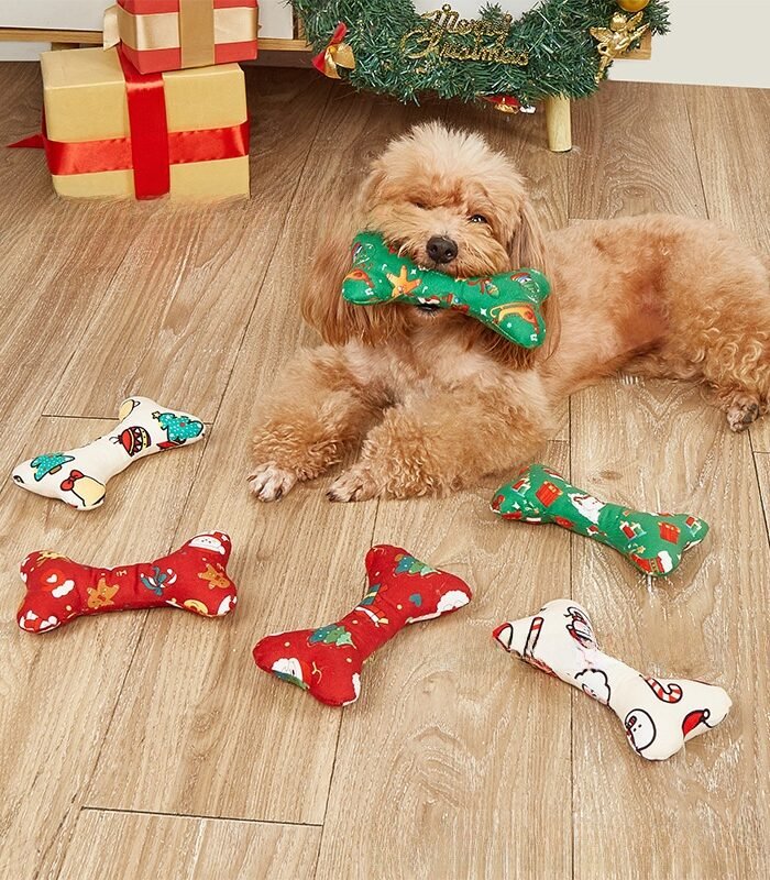 Christmas Plush Dog Chew Toy Bone Interactive Dental Care Pet Supplies