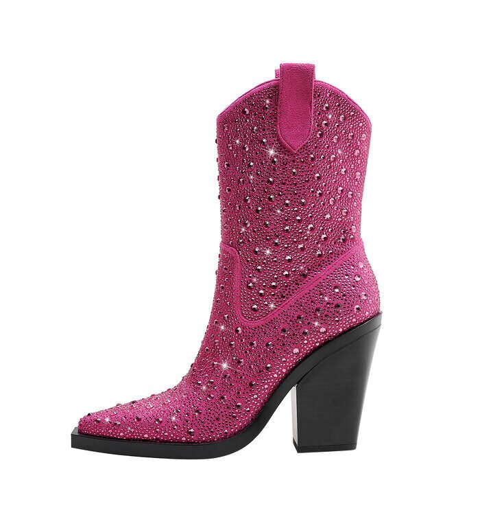 Women's Rhinestone Pointed-Toe Chunky-Heeled Western Ankle Boots with Side Zipper