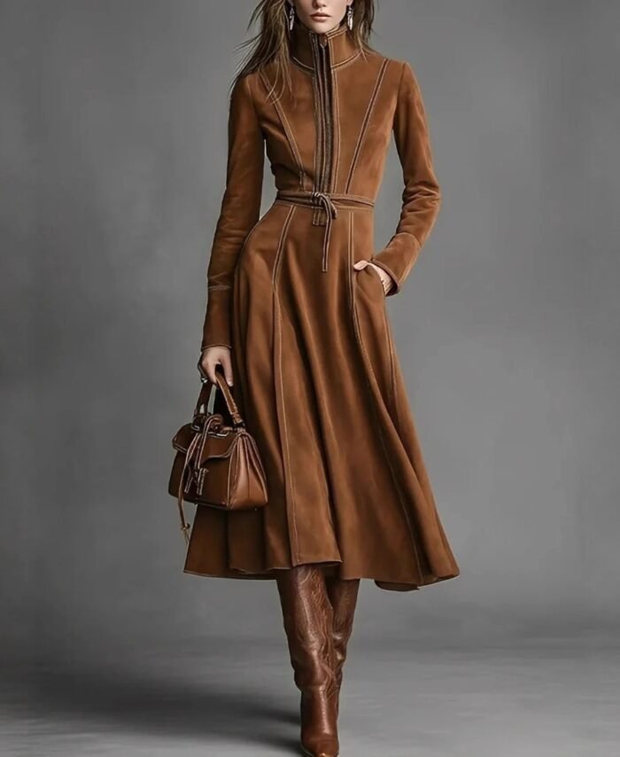 Women's Retro Suede Stand Collar Zipper A-Line Long Dress