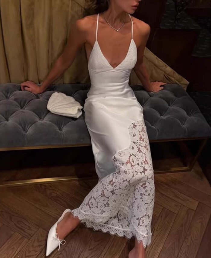 French-Style Elegant Lace Patchwork V-Neck Backless Tie-Up Evening Dress