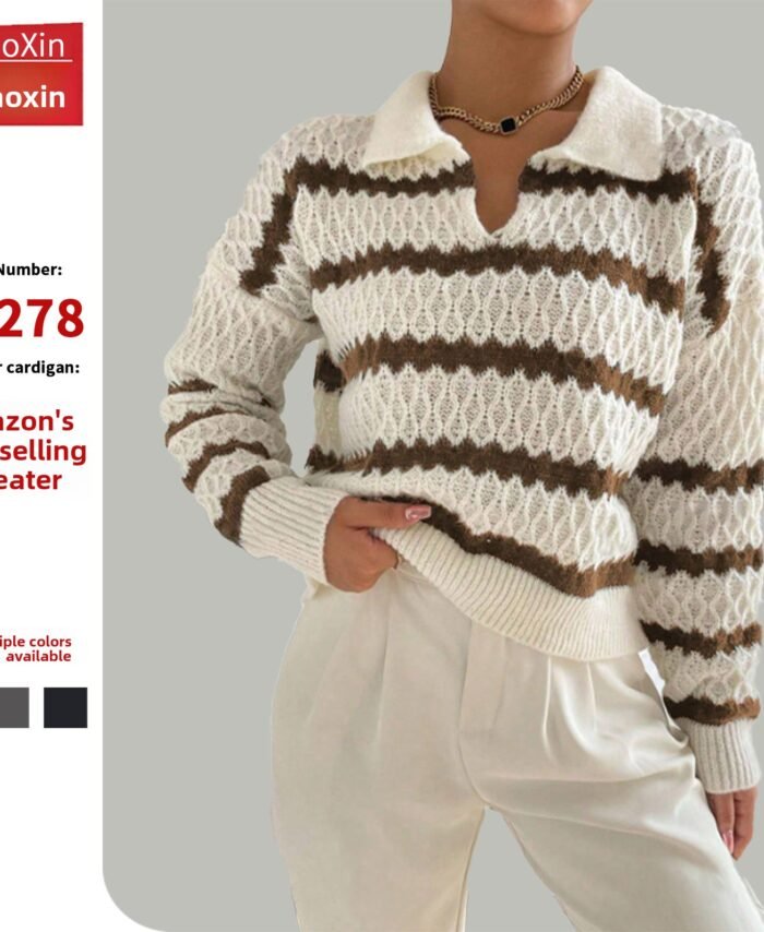Women's Striped POLO Collar Pullover Sweater Long Sleeve Loose Fit Knit Top
