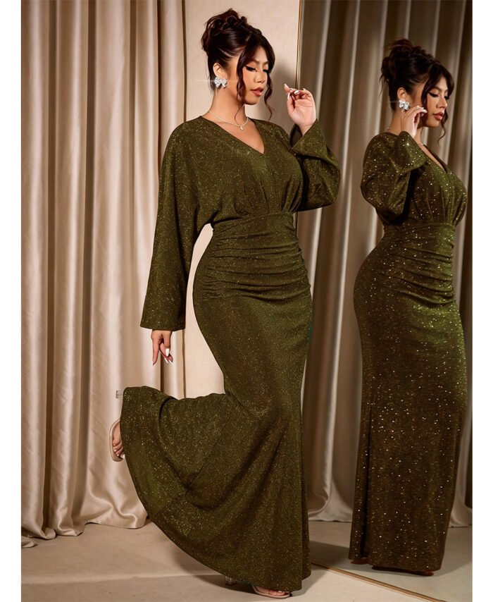Plus Size Womens V Neck Batwing Sleeve Mermaid Evening Dress