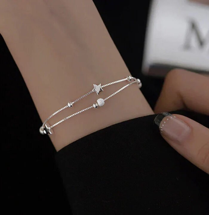 Women's Double Layer Star Planet Chain Bracelet Silver Tone Geometric Fashion Jewelry
