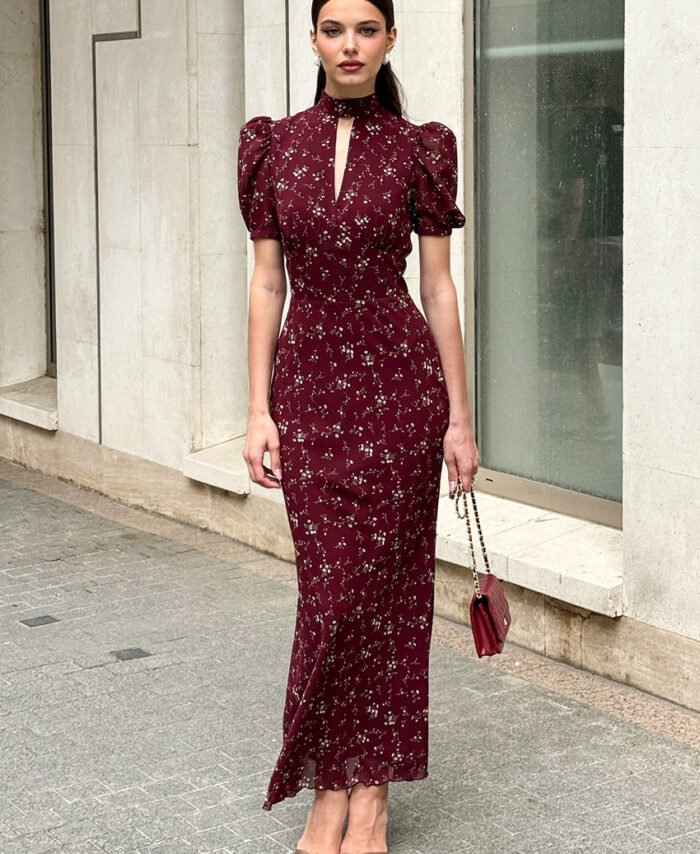 Women's Floral Print Deep V-Neck High-Waist Long Dress