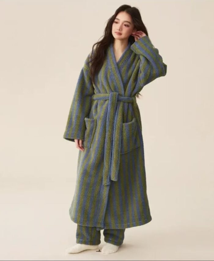 Unisex Coral Fleece Striped Bathrobe Set Extra Thick Warm V-Neck Robe with Pants