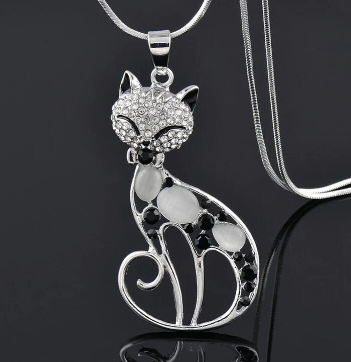 Cute Crystal Rhinestone Cat Eye Stone Animal Pendant Chain Necklace