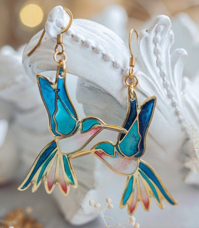 Gold Vintage Hummingbird Drip Oil Pendant Earrings