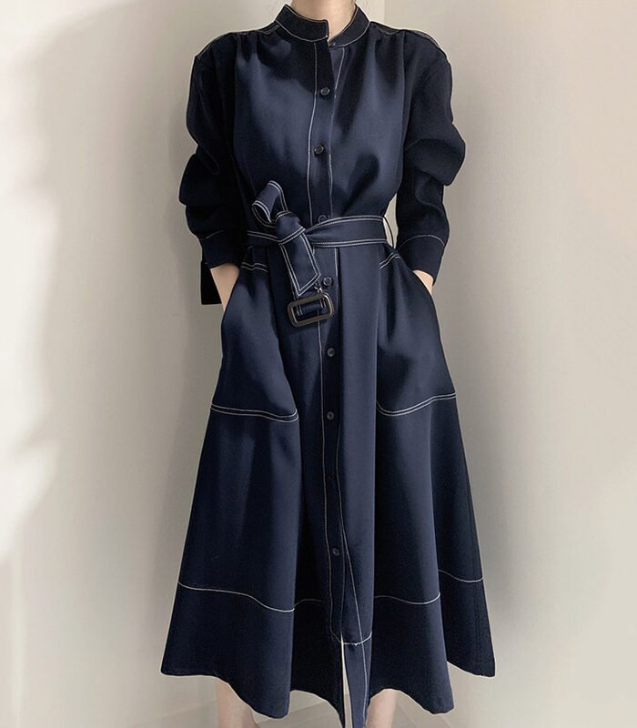 Korean Style Stand Collar Single Breasted Long Sleeve Woven Windbreaker Dress