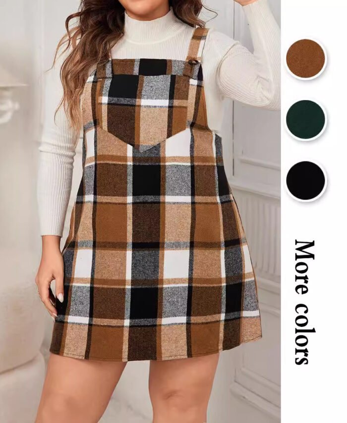 Plus Size Plaid Suspender Dress Loose Long Sleeve Knit A Line