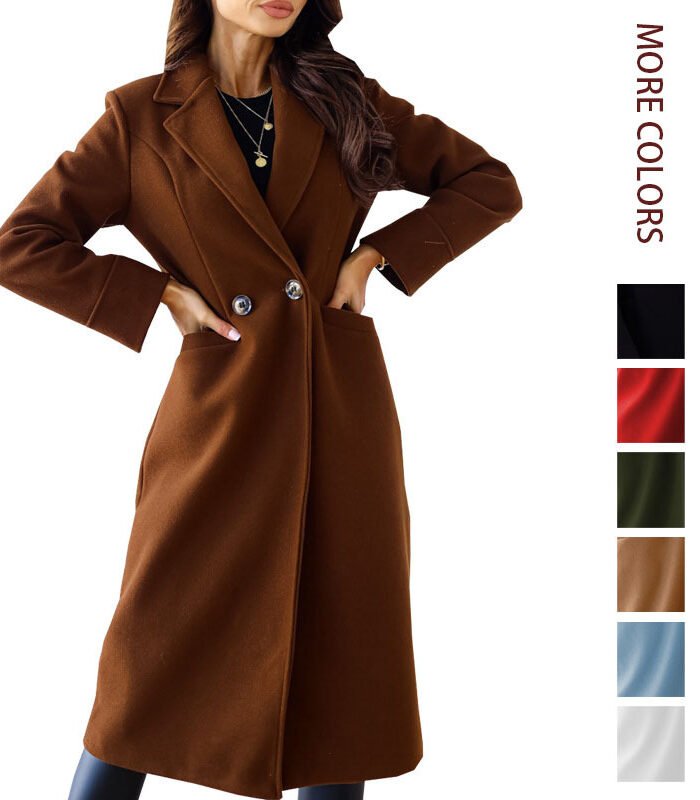 Womens Double Breasted Lapel Woolen Coat Solid Color Long Sleeve