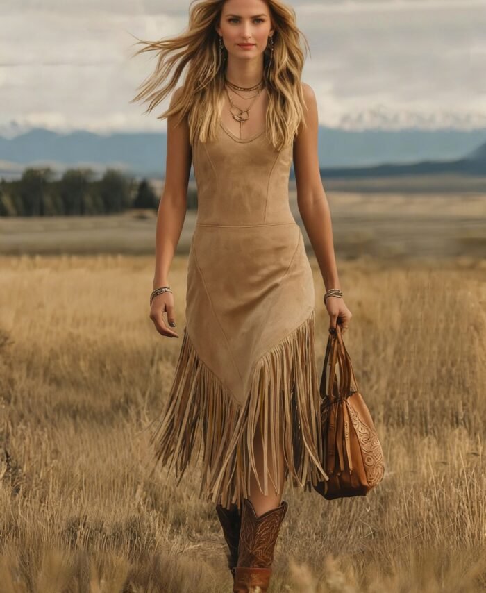 Women's Suede Sleeveless Bodycon Fringe Dress Western Cowboy Style Mid-Length Tank Dress