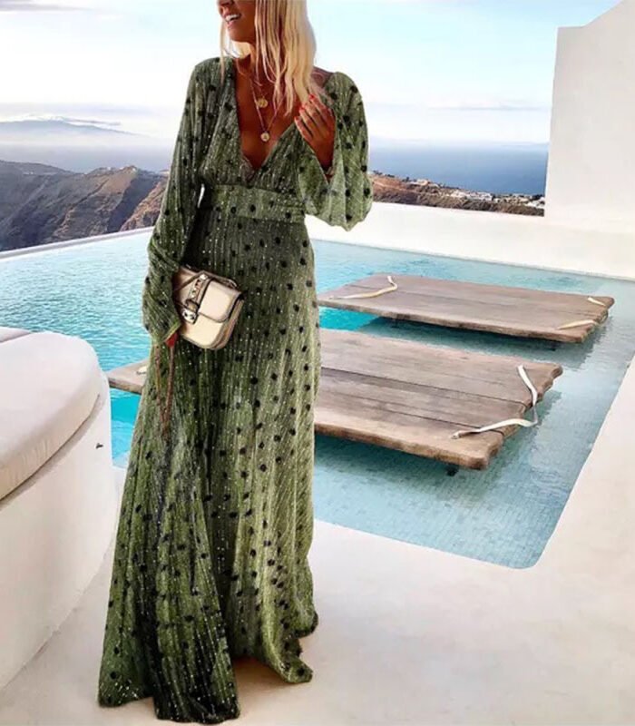 2025 Cross-Border Women's New Cross-Border Green Gradient Spot Print Fashionable Elegant Deep V Full Skirt Dress