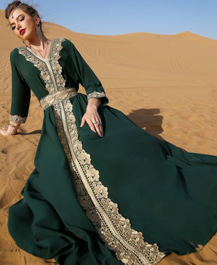 Women's Vintage Lace Embroidered Long Dress with Flared Hem V-Neck Long Sleeve