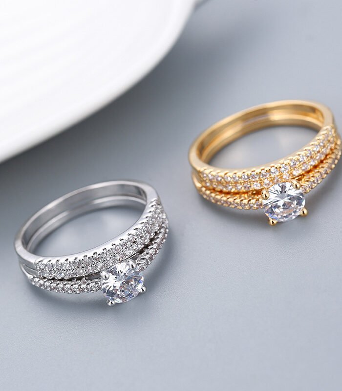 Geometric Zircon Couple Ring Set Gold Plated Copper Jewelry